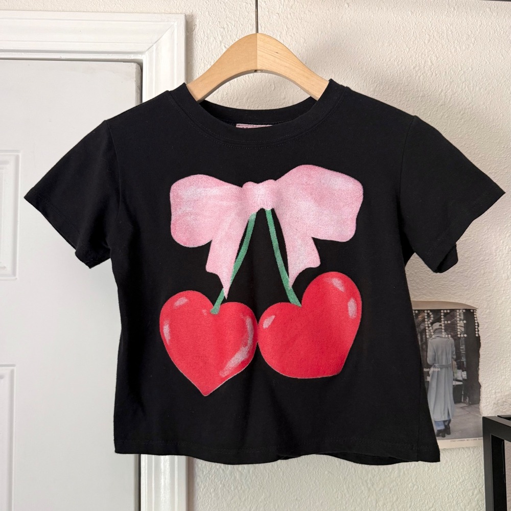 MISS POPULAR black bow cherry fruit graphic baby crew neck cropped tee t-shirt